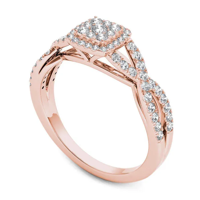 050 CT TW Composite Natural Diamond Square Frame Twist Engagement Ring in Solid 14K Rose Gold Goldia Rings