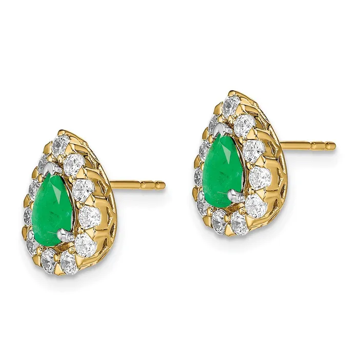 14k Yellow Gold Pear Emerald and Real Diamond Halo Post Earrings Goldia Earrings