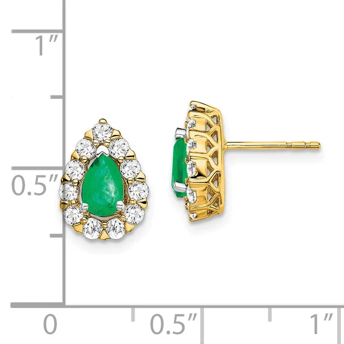 14k Yellow Gold Pear Emerald and Real Diamond Halo Post Earrings Goldia Earrings