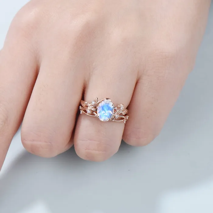 Rings PENFINE Rainbow blue moonstone ring Nature Inspired Leaf moonstone gold wedding ring set twig engagement ring vintage unique promise ring for women Rings PENFINE Rainbow blue moonstone ring Nature Inspired Leaf moonstone gold wedding ring set twig engagement ring vintage unique promise ring for women