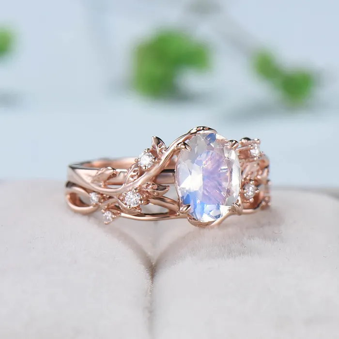 Rings PENFINE Rainbow blue moonstone ring Nature Inspired Leaf moonstone gold wedding ring set twig engagement ring vintage unique promise ring for women Rings PENFINE Rainbow blue moonstone ring Nature Inspired Leaf moonstone gold wedding ring set twig engagement ring vintage unique promise ring for women