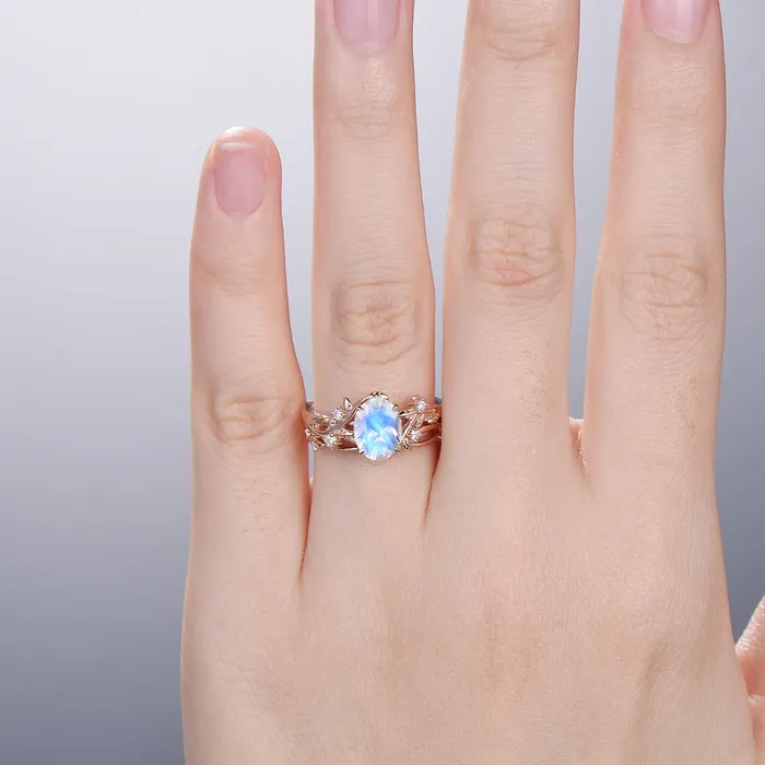 Rings PENFINE Rainbow blue moonstone ring Nature Inspired Leaf moonstone gold wedding ring set twig engagement ring vintage unique promise ring for women Rings PENFINE Rainbow blue moonstone ring Nature Inspired Leaf moonstone gold wedding ring set twig engagement ring vintage unique promise ring for women