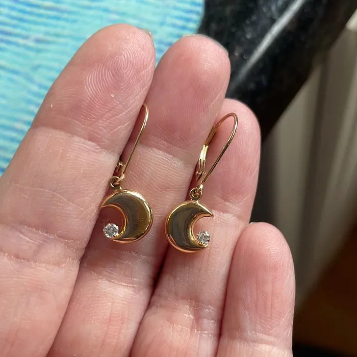 Love Vintage Paris Earrings Puffy Moon Earrings CZ 14k Gold Vintage