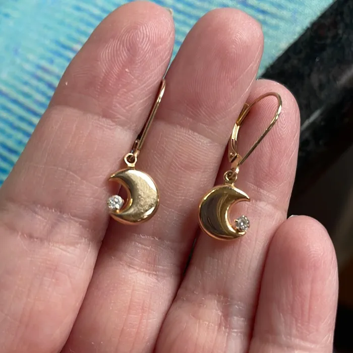 Love Vintage Paris Earrings Puffy Moon Earrings CZ 14k Gold Vintage