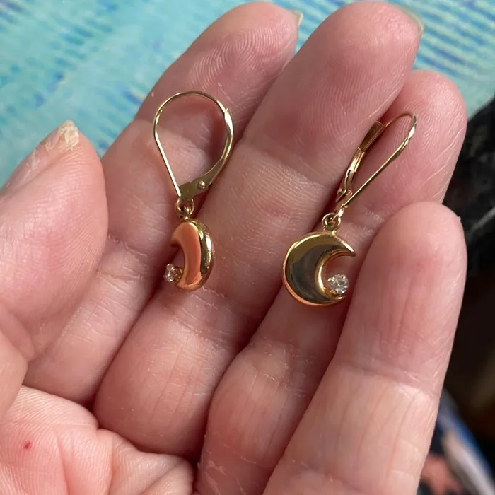 Love Vintage Paris Earrings Puffy Moon Earrings CZ 14k Gold Vintage