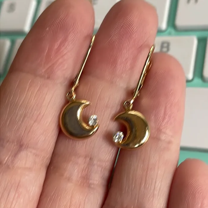 Love Vintage Paris Earrings Puffy Moon Earrings CZ 14k Gold Vintage