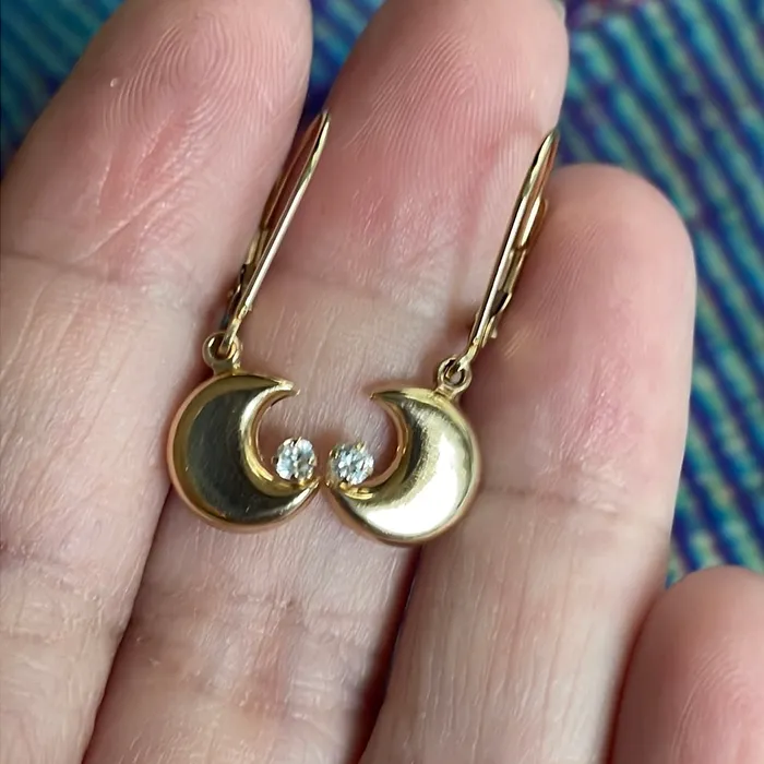 Love Vintage Paris Earrings Puffy Moon Earrings CZ 14k Gold Vintage