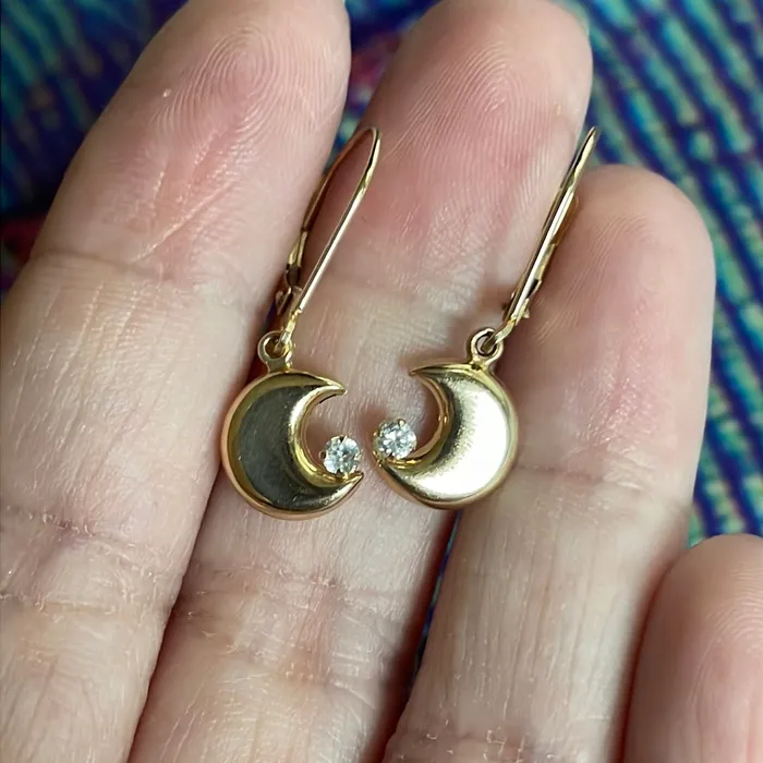 Love Vintage Paris Earrings Puffy Moon Earrings CZ 14k Gold Vintage