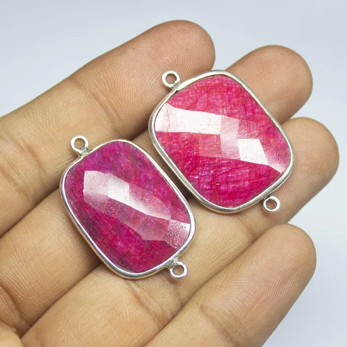 2pc 35mm Ruby Checker Cut Cushion Briolette 925 Sterling Silver Connector Ruby Connector Beads Supplies USA Rings