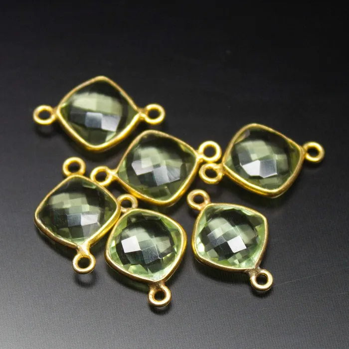 6pc 16mm Green Amethyst Quartz Cushion Briolette 925 Sterling Silver Connector Quartz Connector Beads Supplies USA Rings