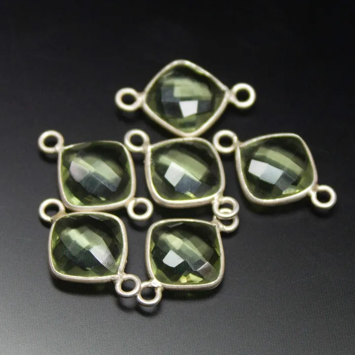6pc 16mm Green Amethyst Quartz Cushion Briolette 925 Sterling Silver Connector Quartz Connector Beads Supplies USA Rings