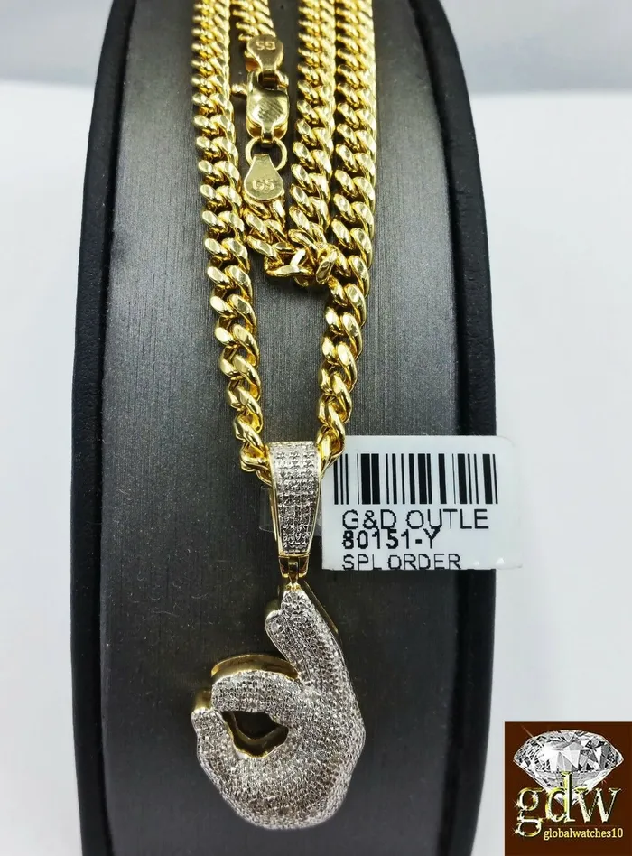 Charm Necklaces Gold and Diamond Real 10k Yellow Gold and Diamond Ok Hand Emoji Charm with 20 Miami Cuban Chain