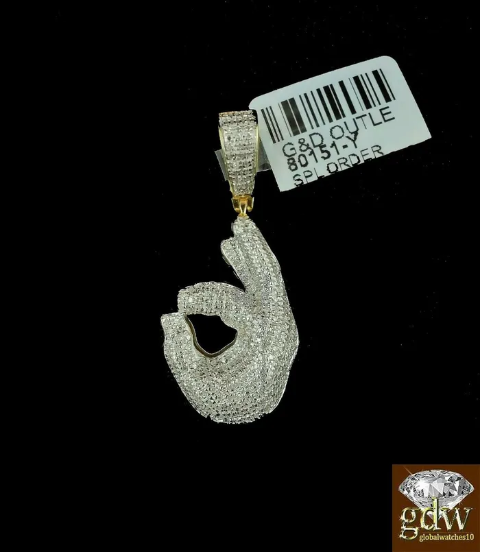 Charm Necklaces Gold and Diamond Real 10k Yellow Gold and Diamond Ok Hand Emoji Charm with 20 Miami Cuban Chain
