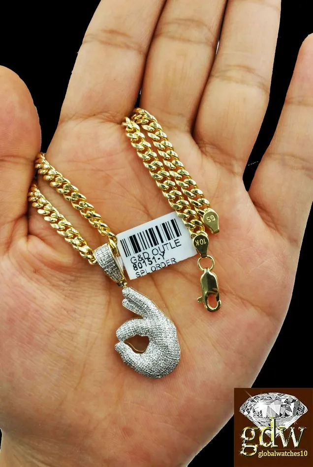 Charm Necklaces Gold and Diamond Real 10k Yellow Gold and Diamond Ok Hand Emoji Charm with 20 Miami Cuban Chain