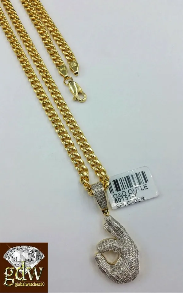 Charm Necklaces Gold and Diamond Real 10k Yellow Gold and Diamond Ok Hand Emoji Charm with 20 Miami Cuban Chain