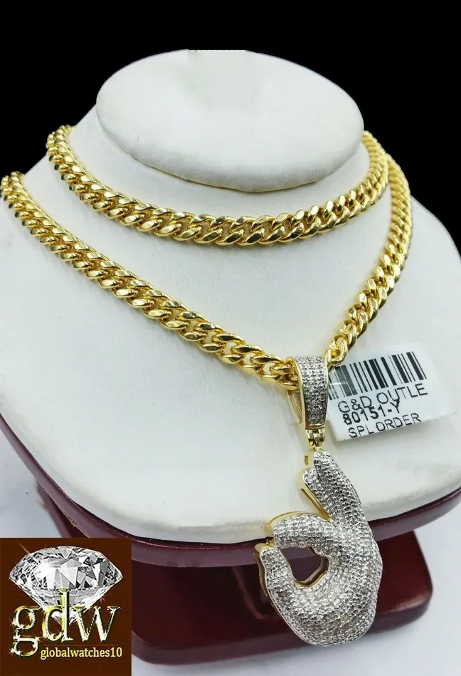 Charm Necklaces Gold and Diamond Real 10k Yellow Gold and Diamond Ok Hand Emoji Charm with 20 Miami Cuban Chain