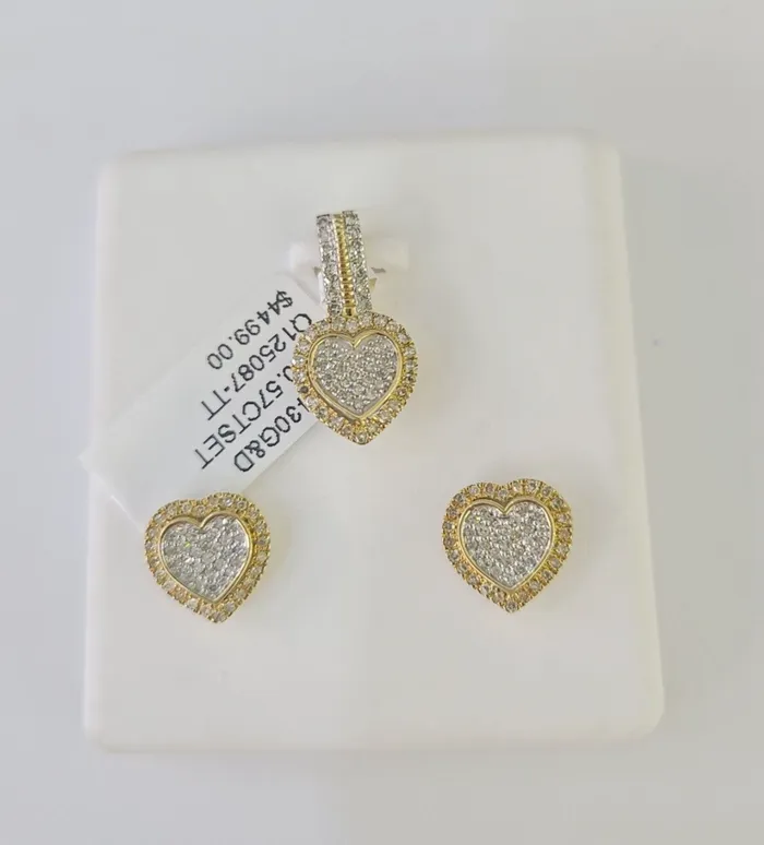 Earrings 10k Diamond Heart Earrings Pendant Charm SET Yellow Gold Gold and Diamond