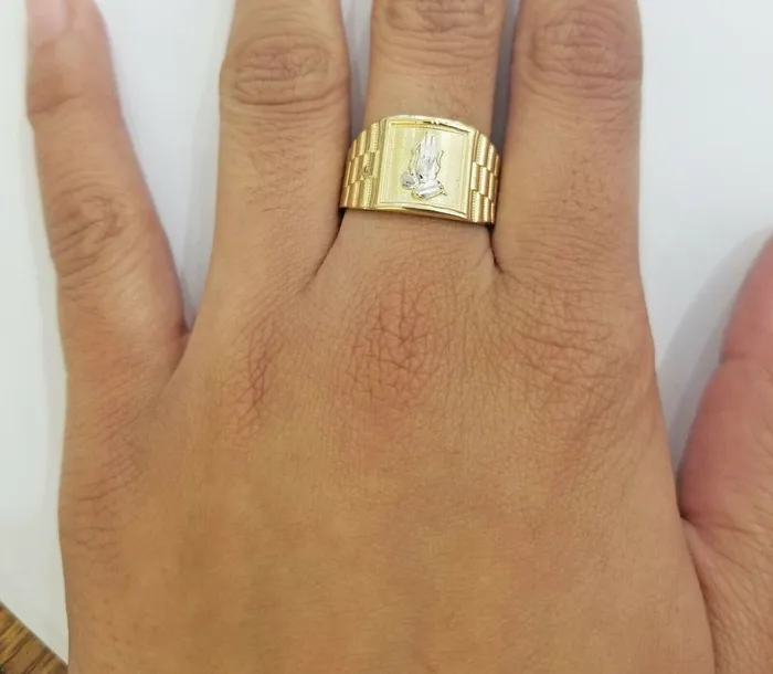 Globalwatches10 Rings 10k Mens yellow Gold prying hand Ring Sizable casual gold squared ring 10kt