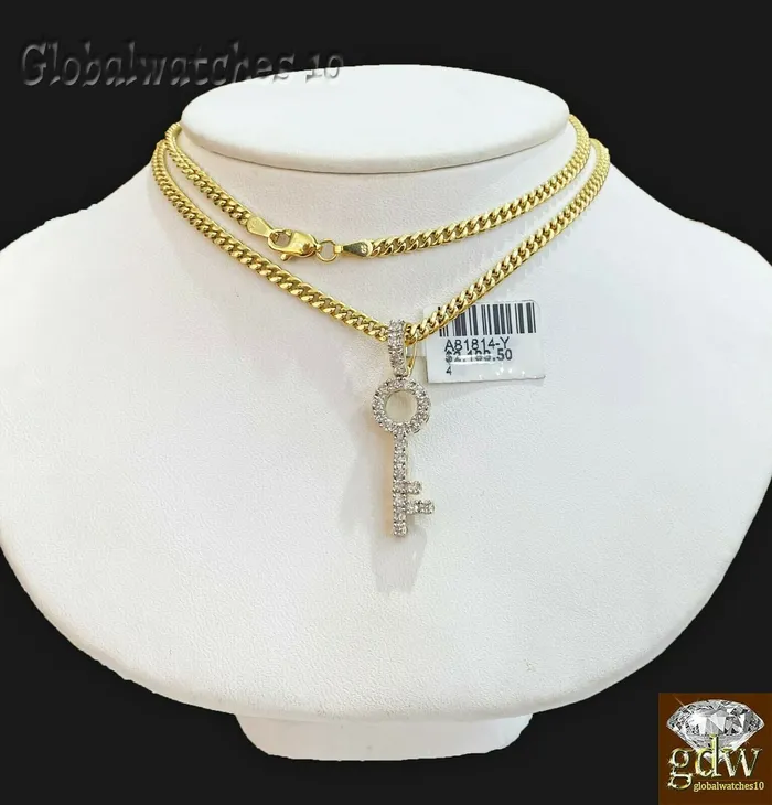 Gold and Diamond PreStyled Sets 10k Gold Key Charm Pendant with Miami Cuban Chain in 20 22 24 26 inchReal Gold