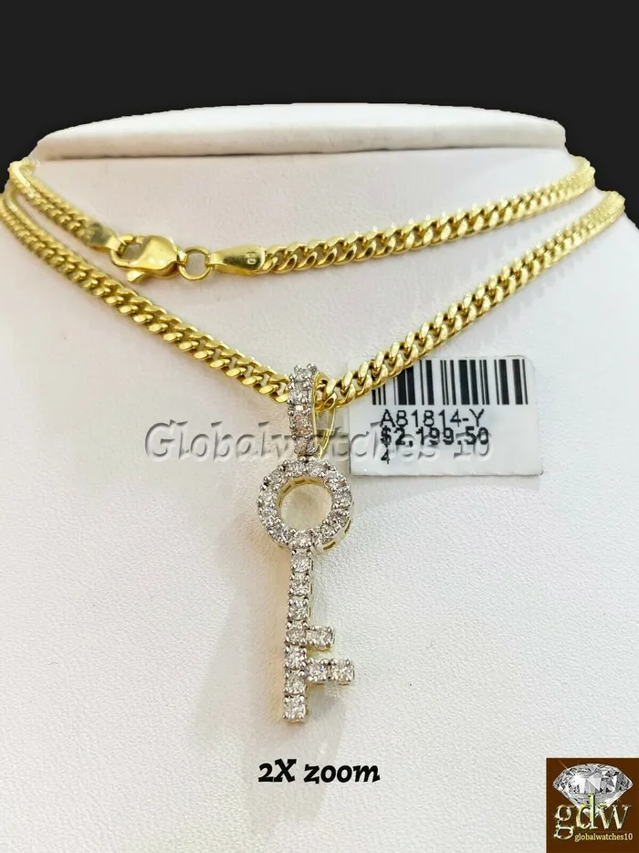 Gold and Diamond PreStyled Sets 10k Gold Key Charm Pendant with Miami Cuban Chain in 20 22 24 26 inchReal Gold