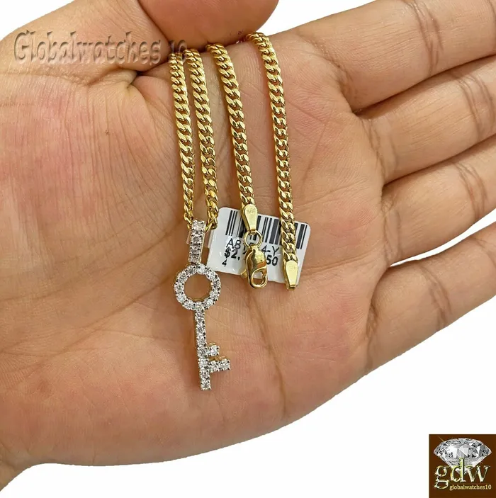 Gold and Diamond PreStyled Sets 10k Gold Key Charm Pendant with Miami Cuban Chain in 20 22 24 26 inchReal Gold