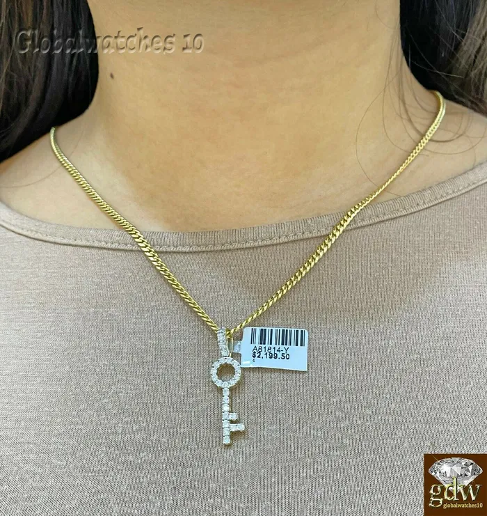 Gold and Diamond PreStyled Sets 10k Gold Key Charm Pendant with Miami Cuban Chain in 20 22 24 26 inchReal Gold