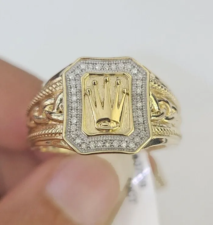Gold and Diamond Rings Real 10k Diamond Crown Mens Ring Band Yellow Gold Wedding Casual Genuine Natural Gold and Diamond Rings Real 10k Diamond Crown Mens Ring Band Yellow Gold Wedding Casual Genuine Natural