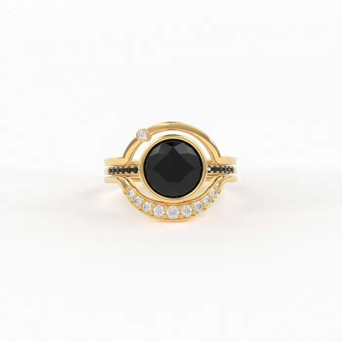 Jalvi Co Rings Eclipse Diamond Ring Set in 14k or 18k Solid Gold Alternative Engagement Set With 8mm Center Black Onyx or Black Diamond Jalvi Co Rings Eclipse Diamond Ring Set in 14k or 18k Solid Gold Alternative Engagement Set With 8mm Center Black Onyx or Black Diamond