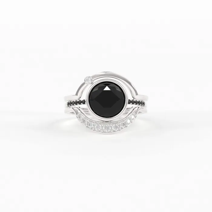 Jalvi Co Rings Eclipse Diamond Ring Set in 14k or 18k Solid Gold Alternative Engagement Set With 8mm Center Black Onyx or Black Diamond Jalvi Co Rings Eclipse Diamond Ring Set in 14k or 18k Solid Gold Alternative Engagement Set With 8mm Center Black Onyx or Black Diamond