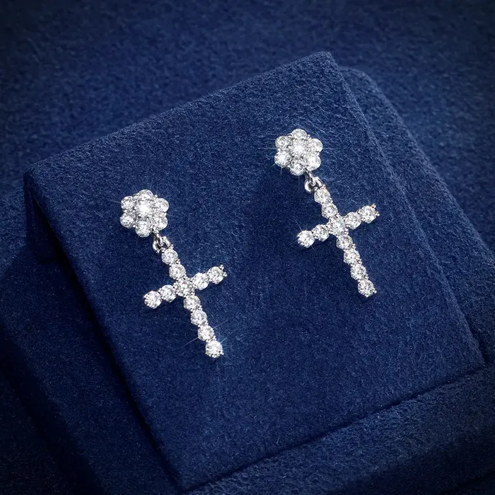 JiuZuan Wuzhou Earrings S925 Moissanite Flower Cluster Cross Stud Earrings VVS1