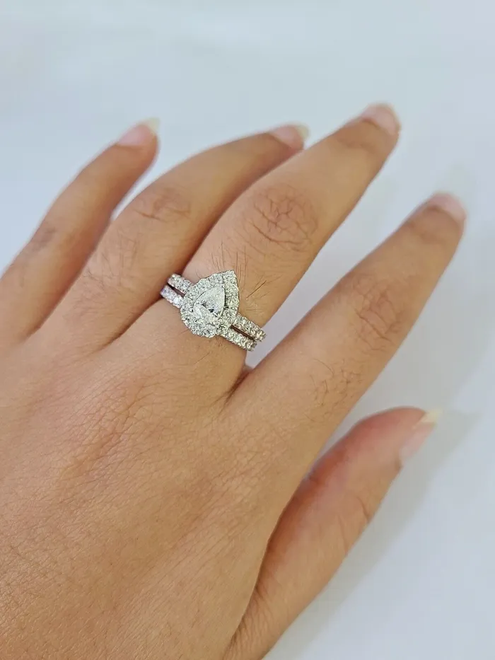 Real 14k White Gold Diamond Ladies Ring Band Set Tear drop 2CT Natural Diamond Gold and Diamond Rings