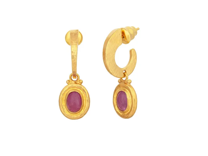 Earrings GG GOLD OOAK GURHAN Muse Gold Ruby Single Drop Earrings 8x6mm Oval set in Wide Frame Hoop Post Top Earrings GG GOLD OOAK GURHAN Muse Gold Ruby Single Drop Earrings 8x6mm Oval set in Wide Frame Hoop Post Top