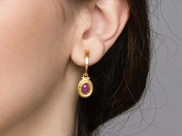 Earrings GG GOLD OOAK GURHAN Muse Gold Ruby Single Drop Earrings 8x6mm Oval set in Wide Frame Hoop Post Top Earrings GG GOLD OOAK GURHAN Muse Gold Ruby Single Drop Earrings 8x6mm Oval set in Wide Frame Hoop Post Top