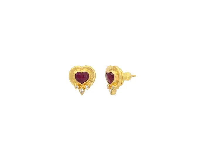 Earrings GURHAN Romance Gold Ruby Stud Earrings 7mm Heart set in Wide Frame GG GOLD OOAK Earrings GURHAN Romance Gold Ruby Stud Earrings 7mm Heart set in Wide Frame GG GOLD OOAK