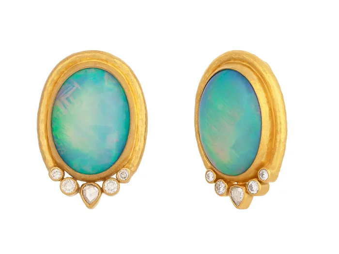 GURHAN Muse Gold Opal Stud Earrings 21x16mm Oval Stone set in Wide Frame GG GOLD OOAK Earrings GURHAN Muse Gold Opal Stud Earrings 21x16mm Oval Stone set in Wide Frame GG GOLD OOAK Earrings