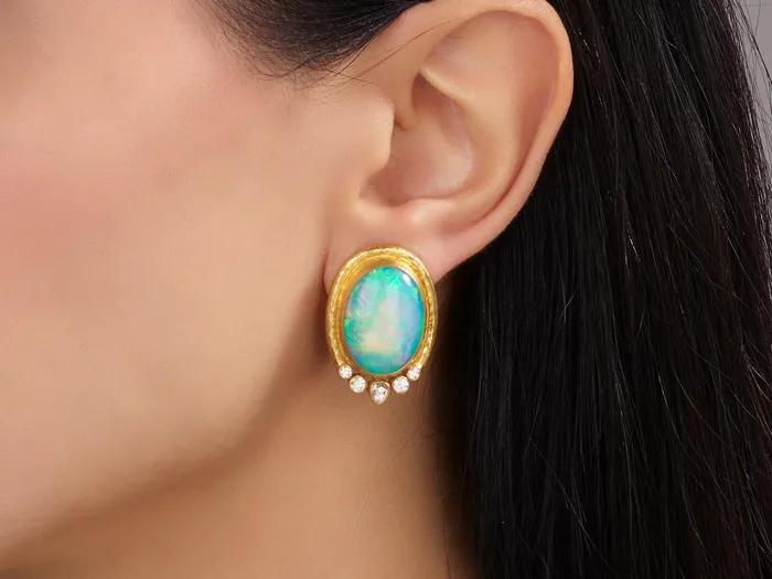 GURHAN Muse Gold Opal Stud Earrings 21x16mm Oval Stone set in Wide Frame GG GOLD OOAK Earrings GURHAN Muse Gold Opal Stud Earrings 21x16mm Oval Stone set in Wide Frame GG GOLD OOAK Earrings