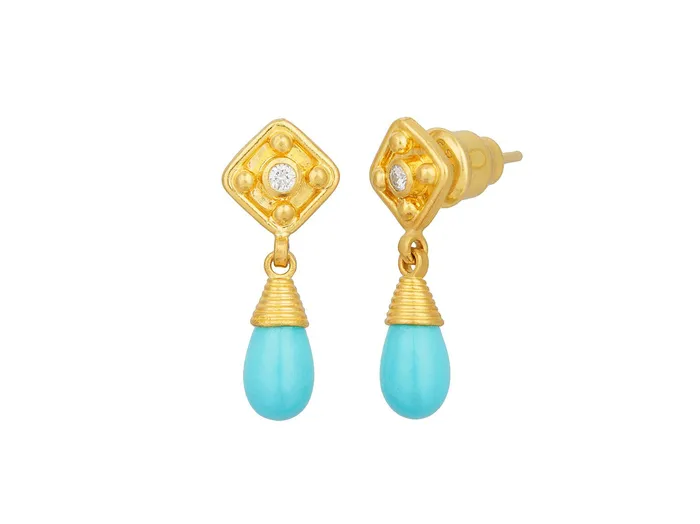 GURHAN Spell Gold Turquoise Single Drop Earrings 8x5mm Teardrop GG GOLD OOAK Earrings GURHAN Spell Gold Turquoise Single Drop Earrings 8x5mm Teardrop GG GOLD OOAK Earrings