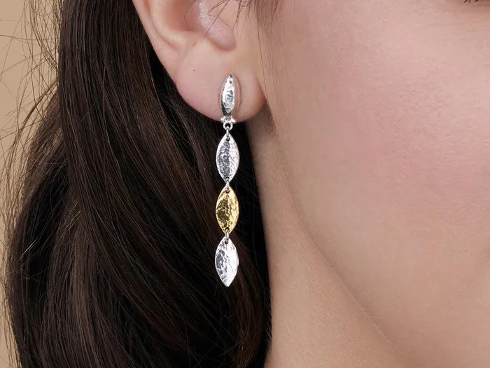 GURHAN Willow Sterling Silver Long Drop Earrings 12mm Triple Flakes Post Top Gold Accents GG SILVER CLS Earrings GURHAN Willow Sterling Silver Long Drop Earrings 12mm Triple Flakes Post Top Gold Accents GG SILVER CLS Earrings