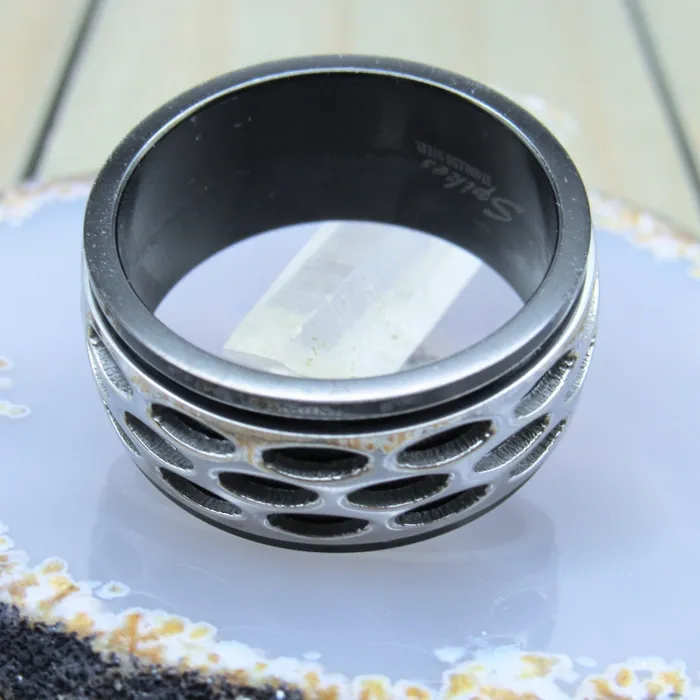 Siren Body Jewelry Rings Mens spinner ring size 10 black titanium iop band stainless steel geometric pattern spinning design