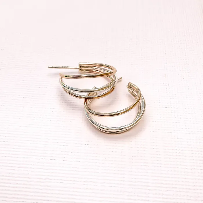 Triple Hoop Earrings with Post 14K Gold Filled Sterling Silver Hoops By Hand Earrings