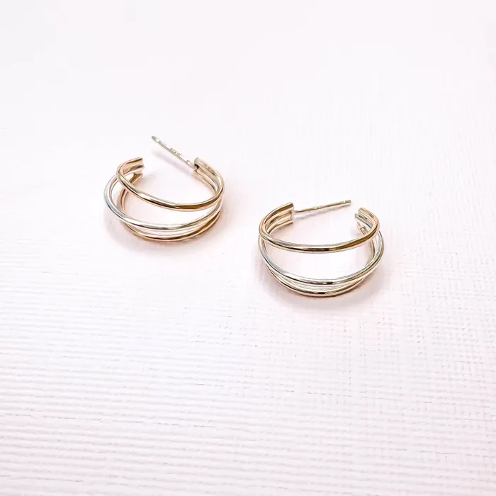 Triple Hoop Earrings with Post 14K Gold Filled Sterling Silver Hoops By Hand Earrings