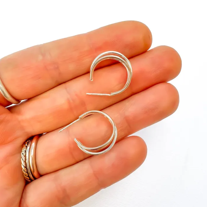 Triple Hoop Earrings with Post 14K Gold Filled Sterling Silver Hoops By Hand Earrings