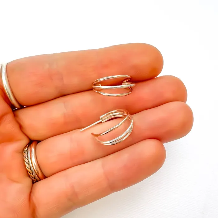 Triple Hoop Earrings with Post 14K Gold Filled Sterling Silver Hoops By Hand Earrings