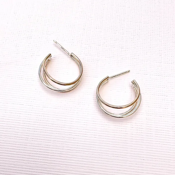 Triple Hoop Earrings with Post 14K Gold Filled Sterling Silver Hoops By Hand Earrings