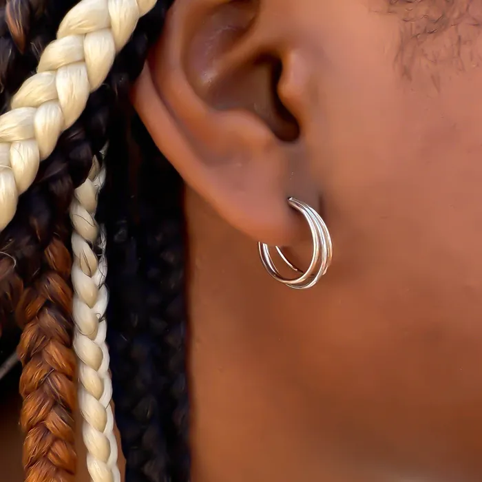 Triple Hoop Earrings with Post 14K Gold Filled Sterling Silver Hoops By Hand Earrings
